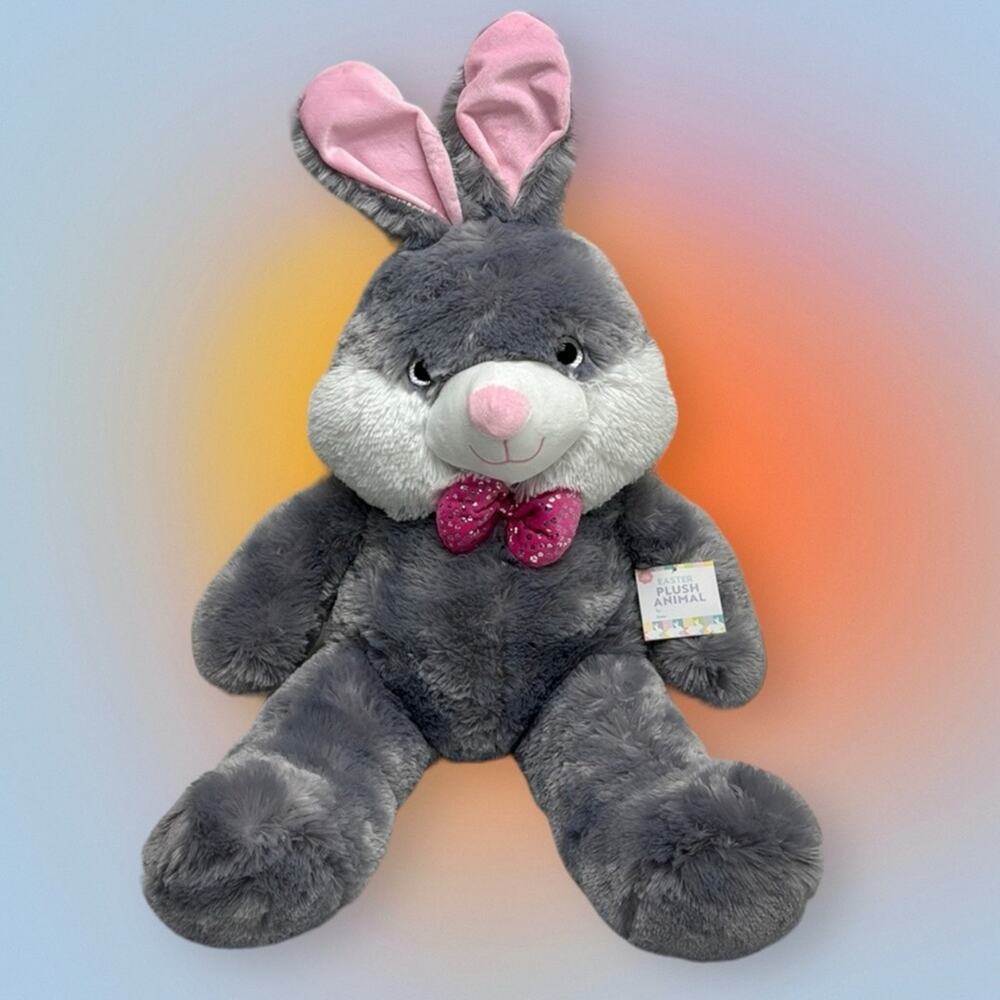 EXTRA LARGE EASTER BUNNY Gray Stuffed Plush Animal with Pink Bow Tie